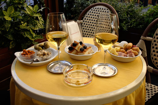 White wine with snacks.